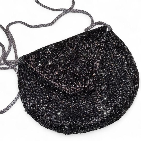 American Vintage Handbags - Vintage Beaded Evening Bag Grey/Black | Satin Silk Interior | Excellent Vintage